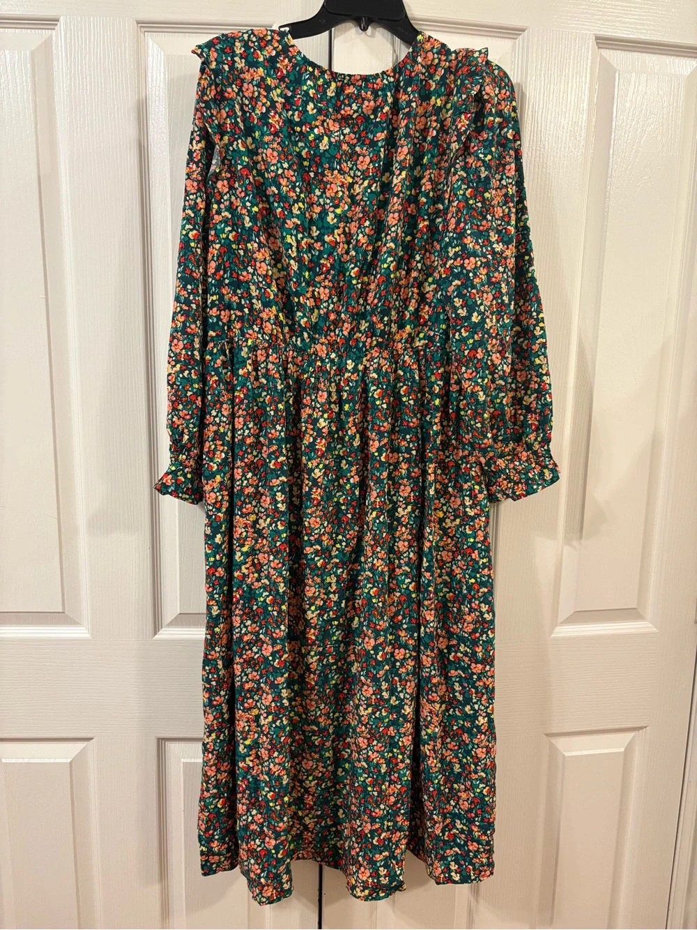 J.Crew V-Neck Smocked Midi Dress L Green Floral Cottagecore Prairie modest BK526